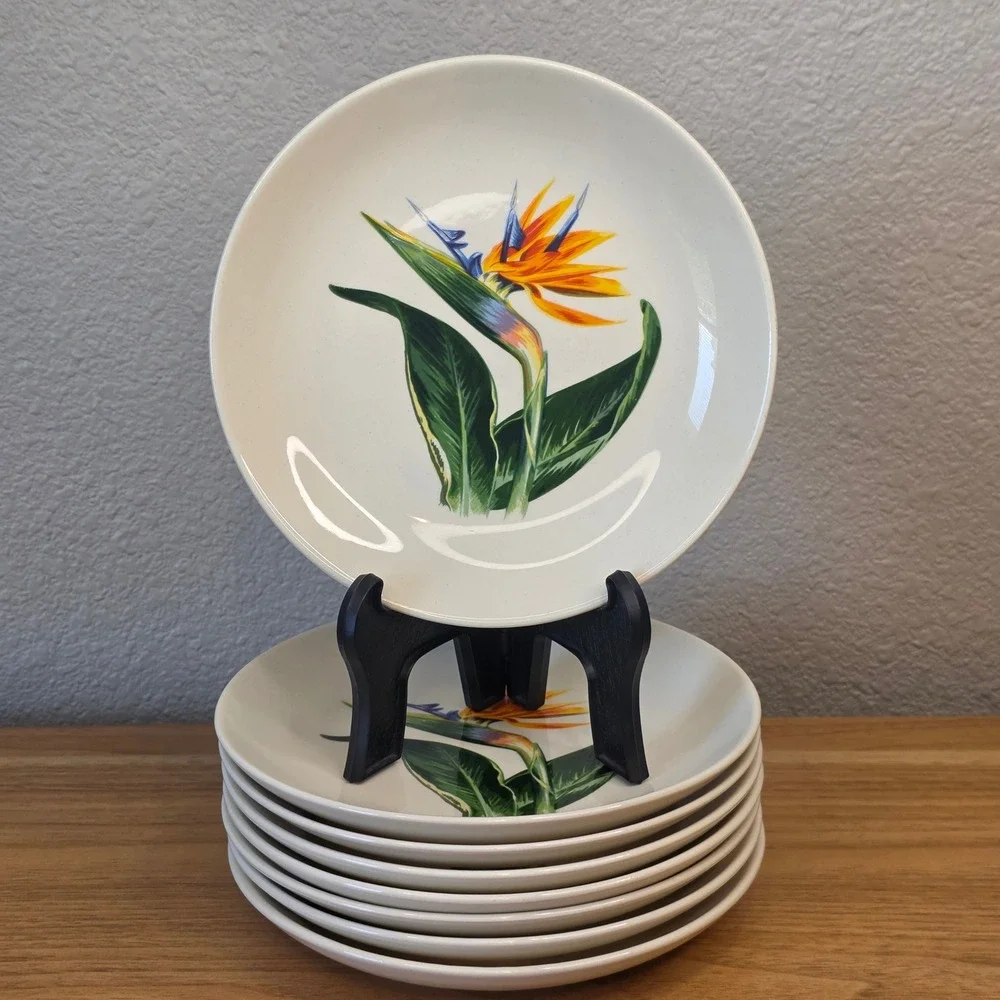 Santa Anita Ware Flowers Of Hawaii Bird Of Paradise 8 Bread & Butter Plates 1949
